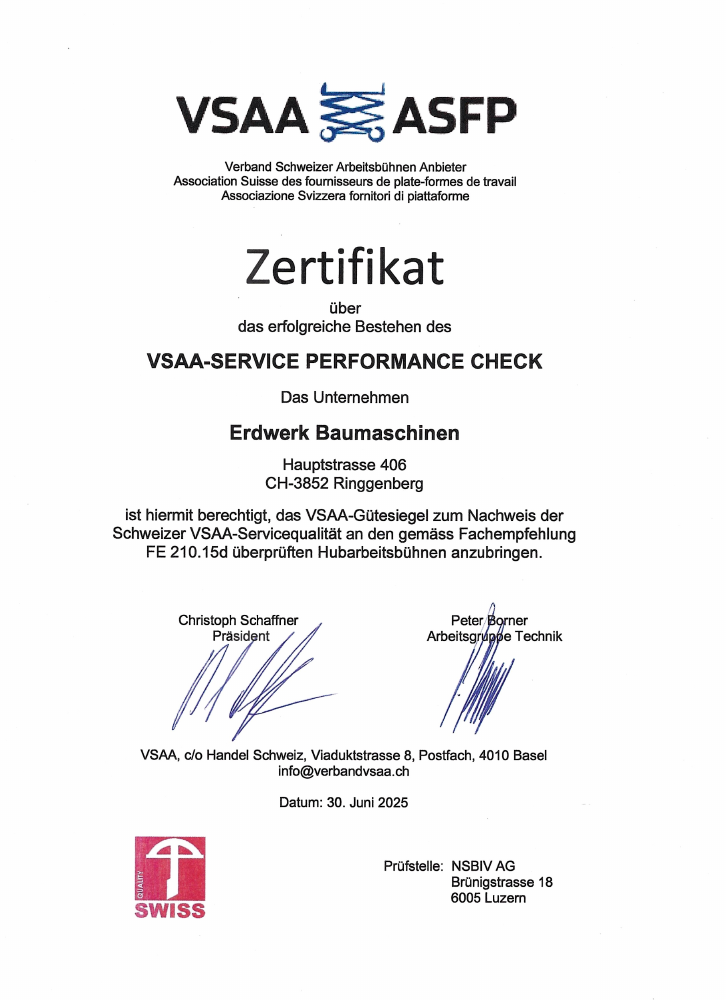 VSAA-Zertifikat für Erdwerk Baumaschinen: Service Performance Check, ausgestellt am 30. Juni 2025